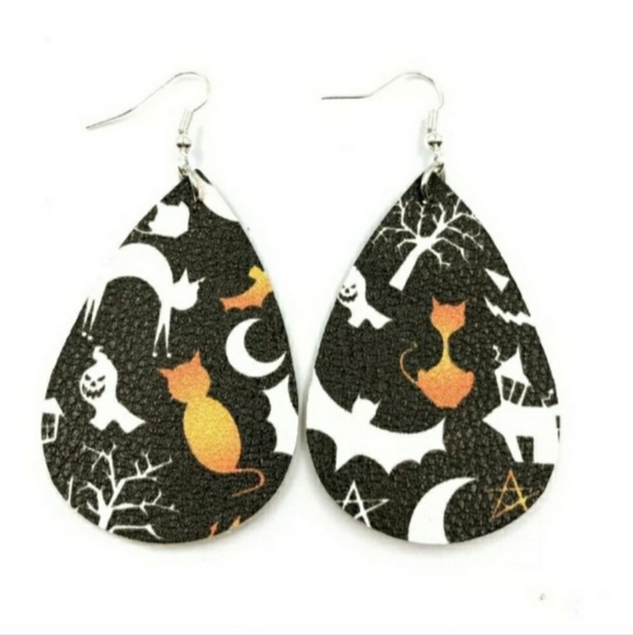 Black & Orange Ghost Cat Moon Leather Teardrop Dangle Drop Earrings - Picture 4 of 4